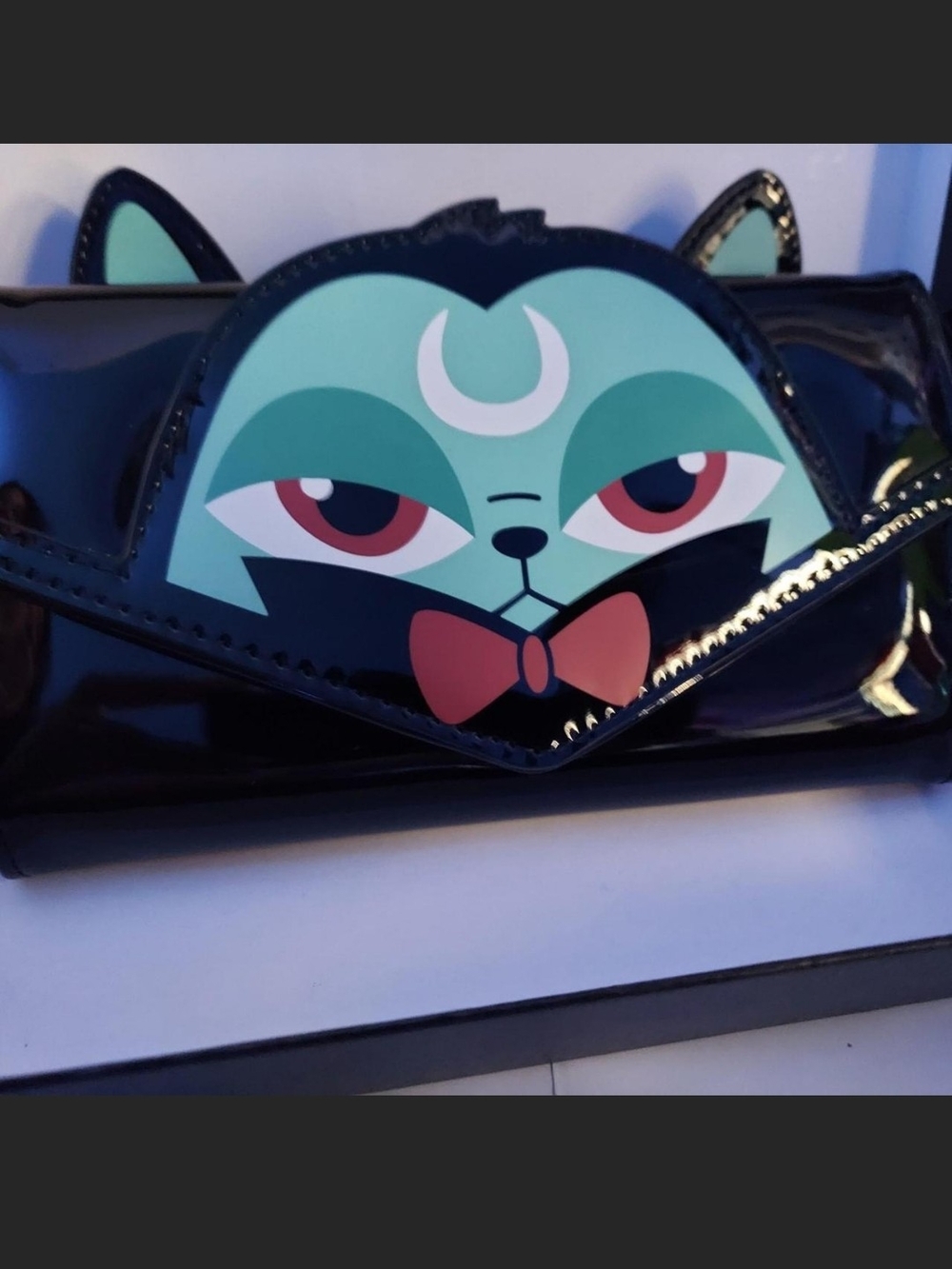 Killstar Black Patent Cat Face Clutch with Mint and Coral Details
